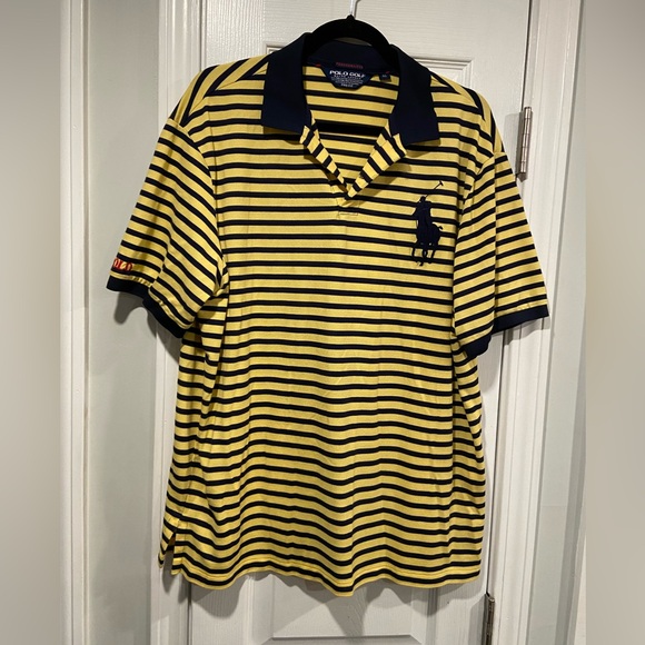 Ralph Lauren Polo Golf Size XL Navy Yellow Stripe Large Logo Performance Shirt